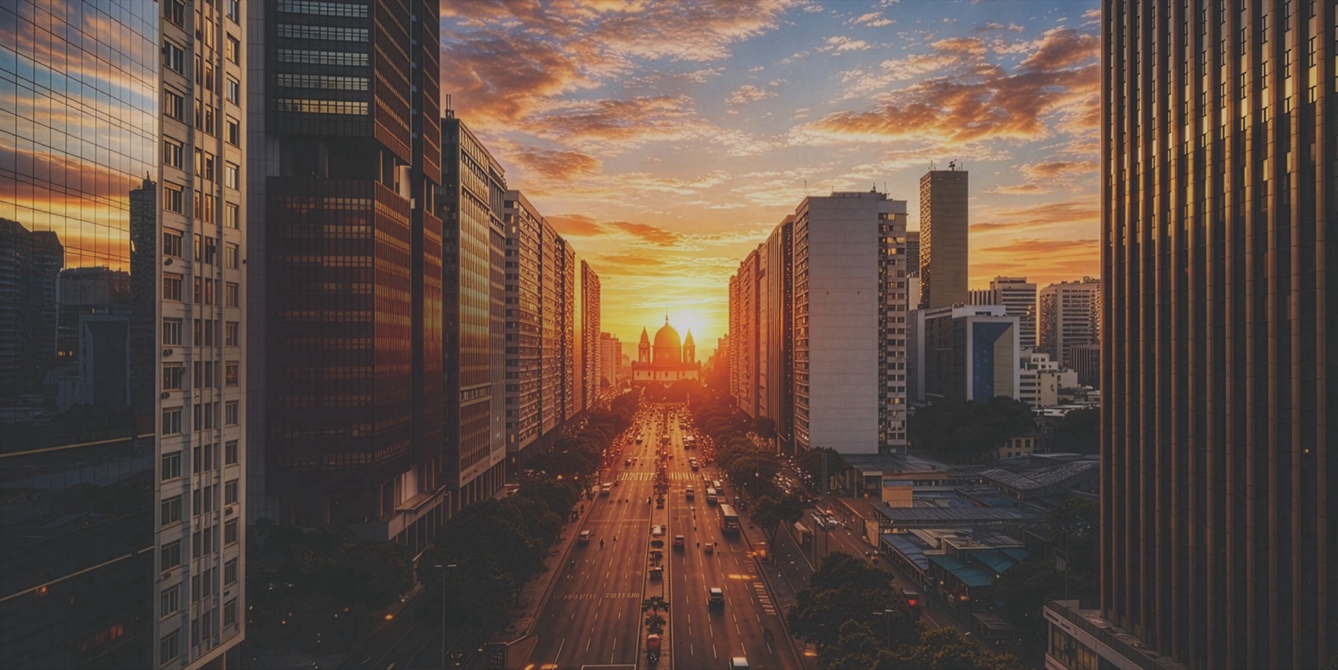 Avenida do Centro do Rio ao pôr do sol, próxima ao Lumière